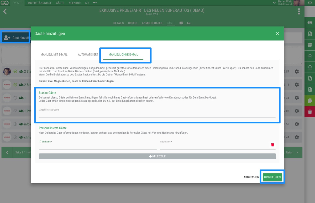 Blanko Gäste (ohne E-Mail-Adresse und Namen) hinzufügen - Erstelle blanko Einladungscodes, die Du nach Belieben verteilen kannst