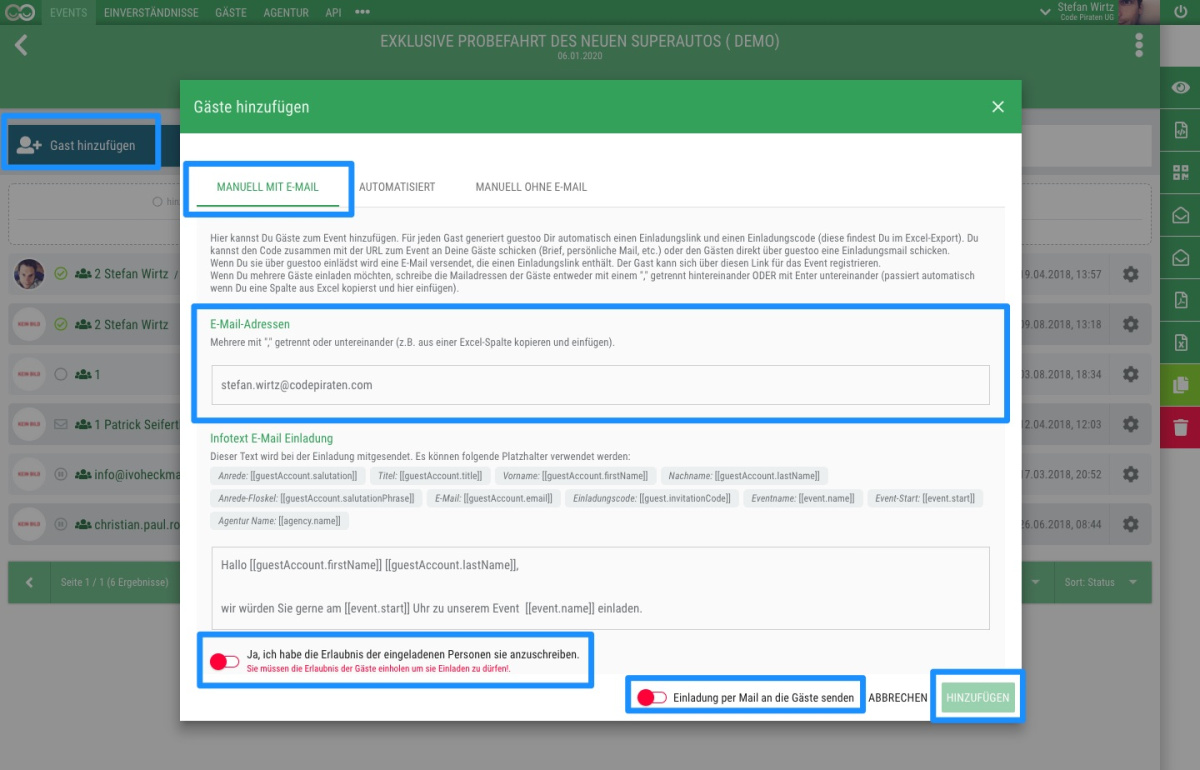 Gast mit E-Mail-Adresse manuell hizufügen - So bekommst Du Gäste mit E-Mail-Adresse in Deine Gästeliste (auch ohne sie direkt einzuladen oder anzuschreiben)