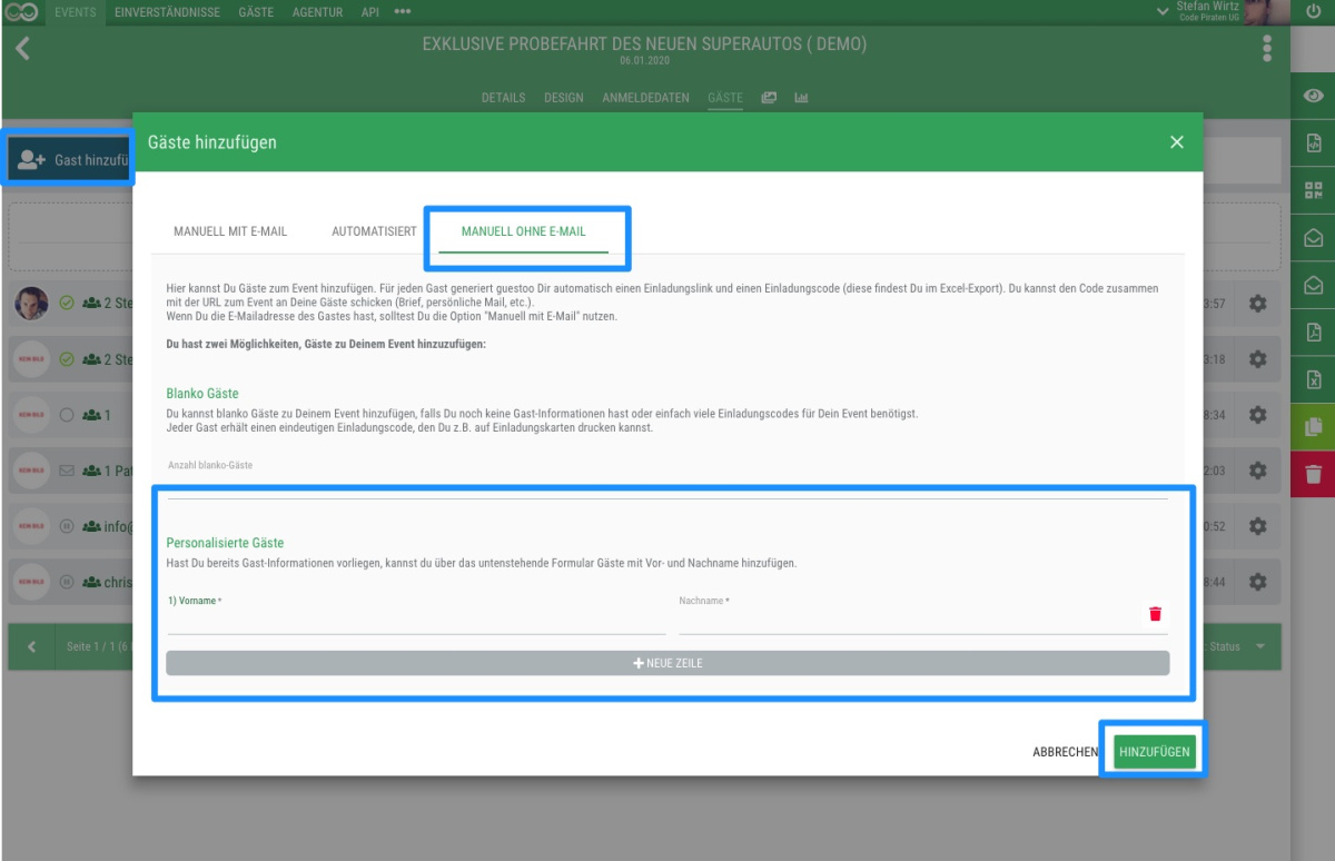 Gäste ohne E-Mail-Adresse manuell hinzufügen - So bekommst Du Gäste ohne E-Mail-Adresse in Deine Gästeliste
