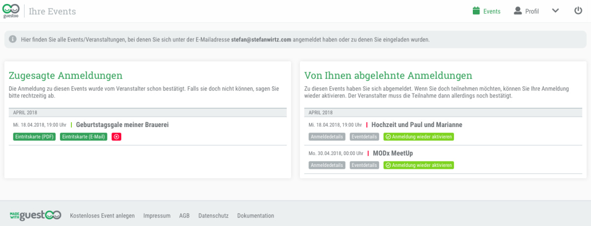 Deine Events verwalten - Offene Anmeldungen einsehen, absagen, Eintrittskarten neu senden lassen oder Deine Anmeldedaten ändern