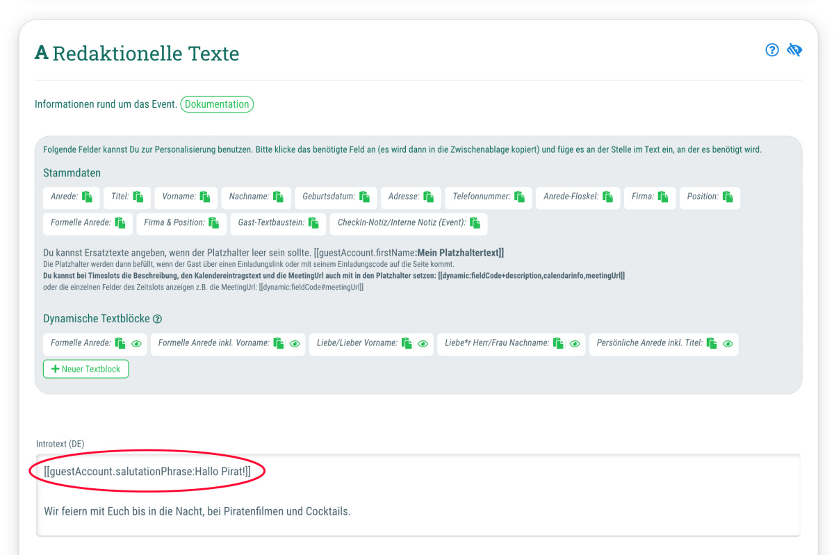 3. Introtext und Eventinfos mit Platzhaltern ausstatten - 