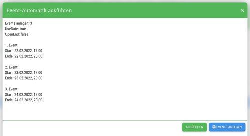 Bevor die Events angelegt werden, bekommst Du nochmal eine Vorschau angezeigt, in der Du überprüfen kannst, ob alle Einstellungen richtig waren.