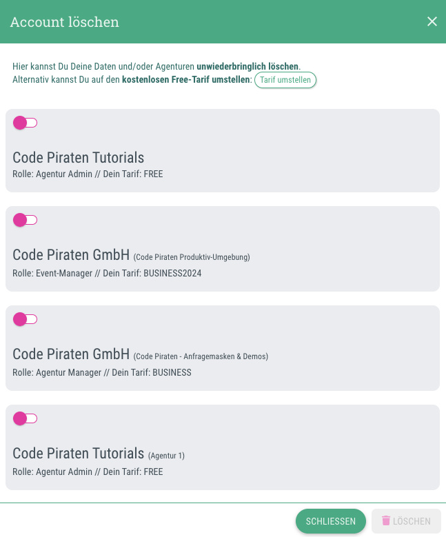 Kündigen / Account löschen - Benutzer-Menü > Kündigen / Account löschen