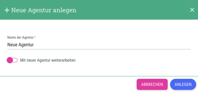 Weitere Agentur anlegen - Benutzer-Menü > Weitere Agentur anlegen
