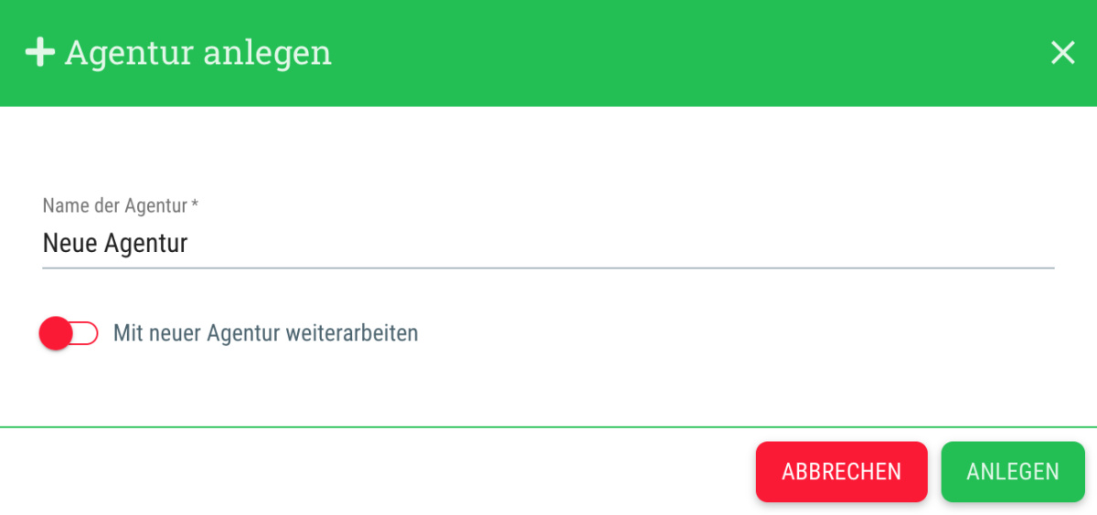 Weitere Agentur anlegen - Benutzer-Menü > Weitere Agentur anlegen
