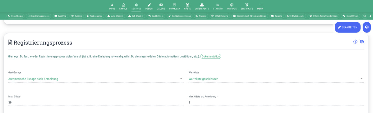 1. Generelle Anzahl der Personen pro Anmeldung festlegen - 