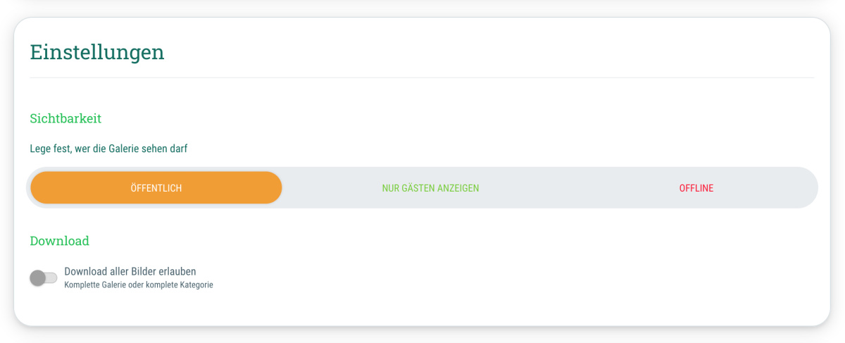 Einstellungen - Hier legst Du fest, wer die Galerie sehen darf