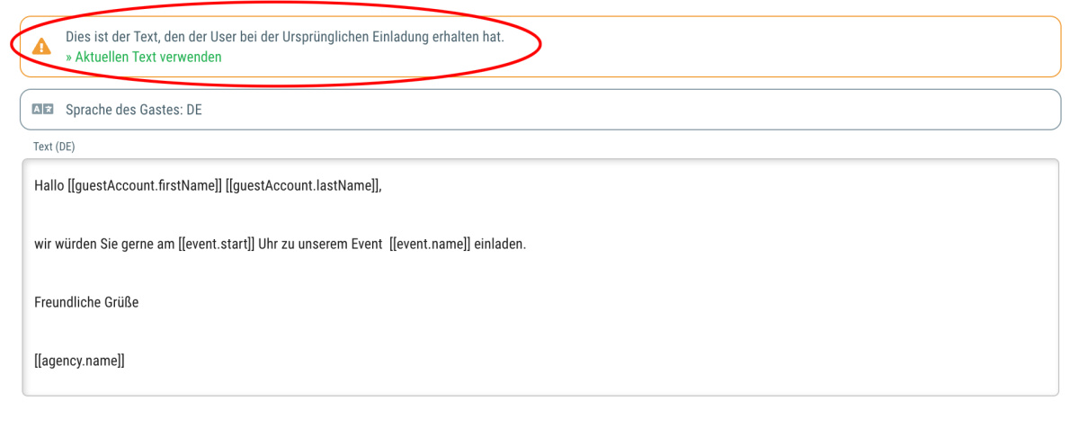 Warum wird beim erneuten Senden einer Einladung ein alter Text verwendet? - 