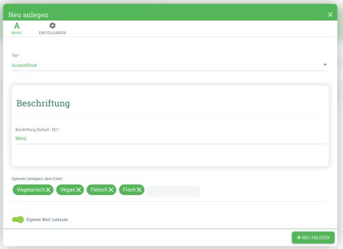 Beispiel: Auswahlliste für Menü-Optionen: Vegetarisch, Vegan, Fleisch, Fisch