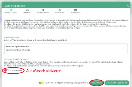 Trage einfach die E-Mail-Adressen der Personen ein, die Du einladen möchtest und lade sie auf Wunsch direkt per E-Mail ein