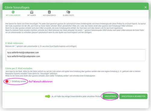 Trage einfach die E-Mail-Adressen der Personen ein, die Du einladen möchtest und lade sie auf Wunsch direkt per E-Mail ein
