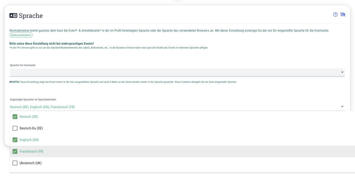 7. Optional: Wählbare Sprachen festlegen - Event > Settings > Sprache