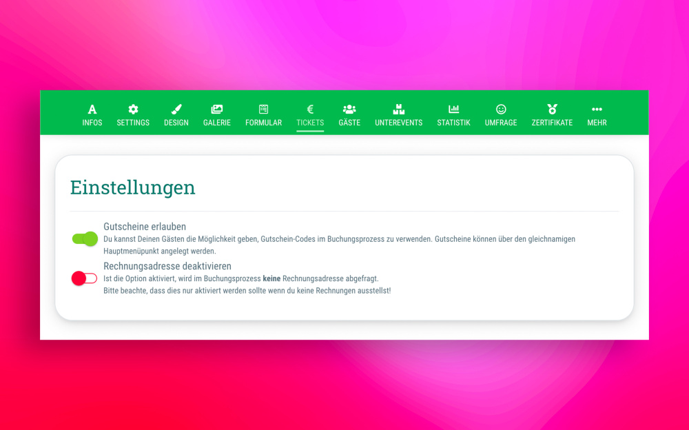 Neue Ticket-Einstellungen Gutschein-Nutzung und Eingabe der Rechnungsadresse (de-)aktivieren