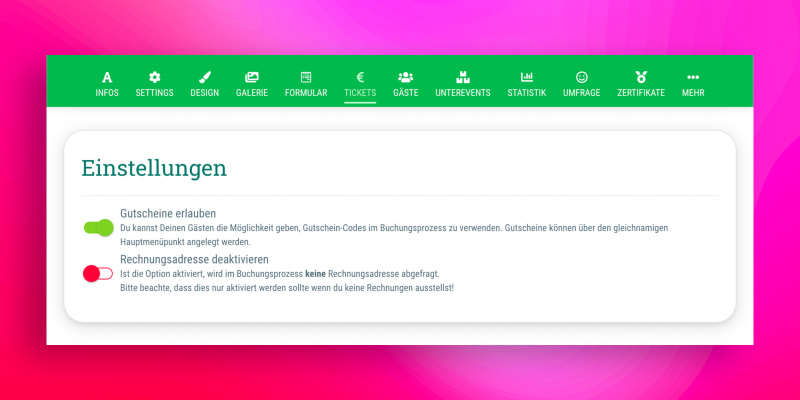 Neue Ticket-Einstellungen, Gutschein-Nutzung und Eingabe der Rechnungsadresse (de-)aktivieren
