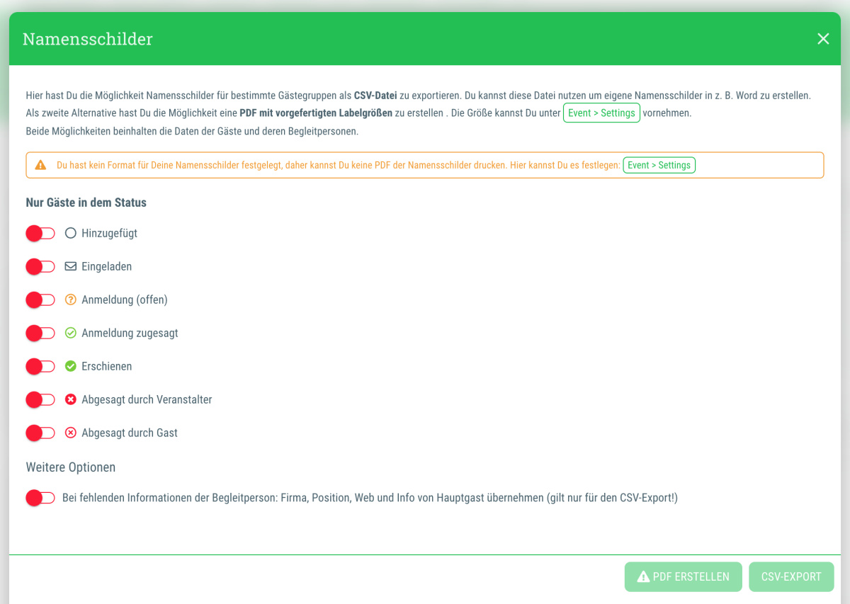 Namensschilder als CSV- oder PDF-Datei exportieren - 