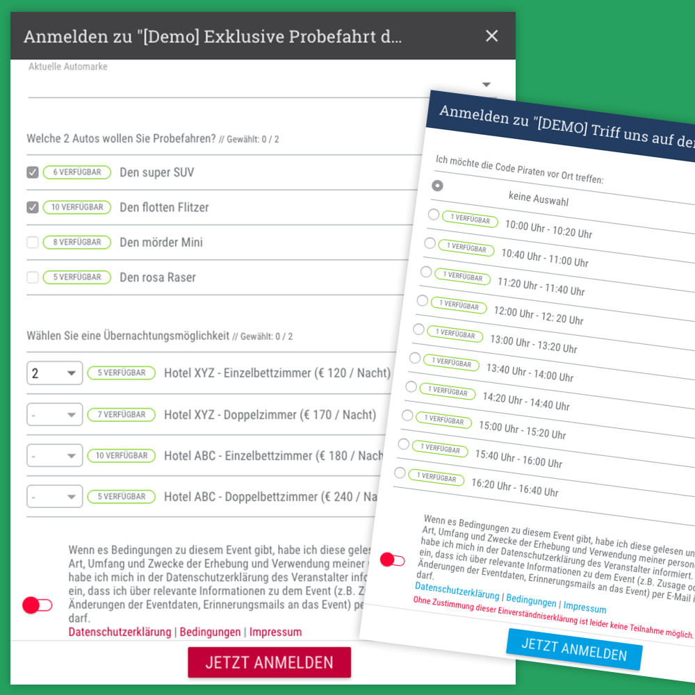 Hotelkontingente, Termine auf Events buchen, Mitbringlisten, … Mit der Intelligenten Auswahlliste machst Du Dein Anmeldeformular zur eierlegenden Wollmilchsau