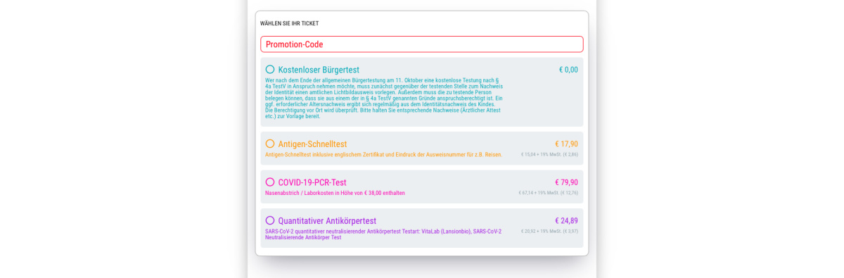 Verschiedene Tests pflegen und mit Workflow verbinden - Kostenloser Test, Kostenpflichtiger Test, PCR-Test, Antikörper-Test