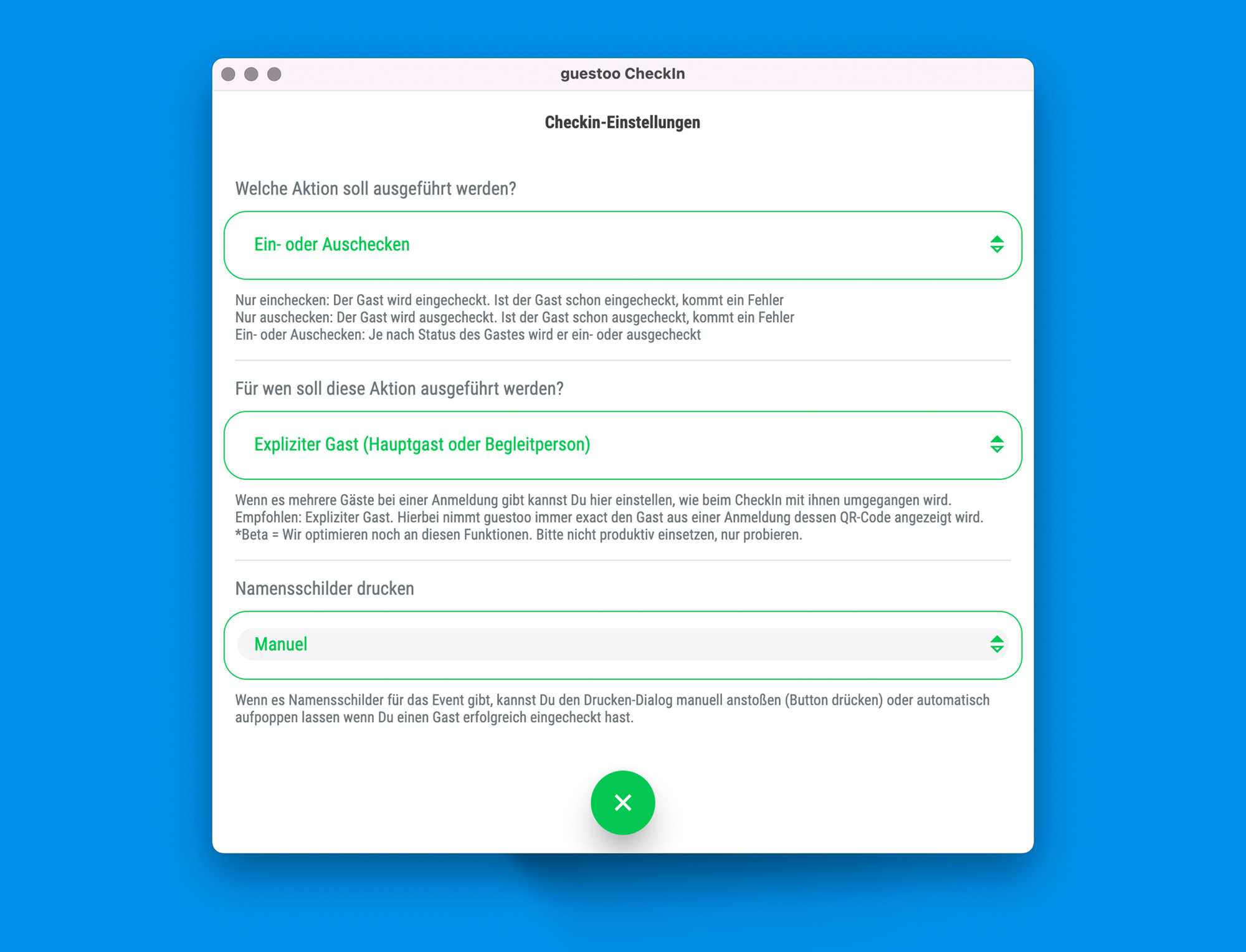 Settings • Stelle das Scanner-Verhalten vor dem Check-in ein